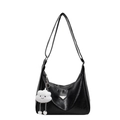Black leather tote bag with silver triangle plaque and cloud charm accessory - With Pendant / Black