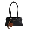 Black leather shoulder bag with silver metal lock and cute dog plush charm pendant - With Charm / Black
