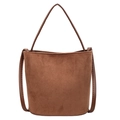 Deep brown matte suede bucket bag with thick top handle and dual slim shoulder straps - Brown