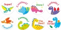 Roll of 8 colorful dinosaur reward stickers for kids featuring motivational praise words - Reward Dinosaur Series (K205)