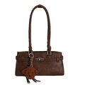 Vintage brown leather tote bag for women with cute teddy bear charm and long shoulder strap - With Charm / Brown