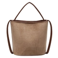 Brown matte suede bucket bag with dark leather trim and top handle for women - Khaki