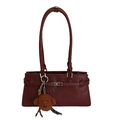 Deep red retro tote bag in lychee pattern leather with a cute plush bear pendant - With Charm / Red