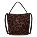 Faux fur leopard print bucket bag with black leather handles and crossbody strap - Leopard Coffee