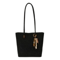 Minimalist black matte faux suede tote bag with vintage beaded tassel and bronze hardware - Black