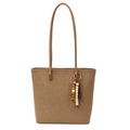 Retro tan leather tote bag with vintage texture and colorful wooden bead tassel - Khaki