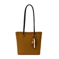 Vintage brown tote bag with black handles and beaded charm accessory for women - Brown