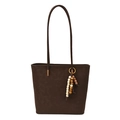 Dark brown large capacity faux leather tote bag with unique beaded tassel charm - Brown