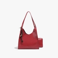 Cabas vintage en cuir rouge foncé avec pompon en perles et pochette assortie - Avec Pendentif / Rouge