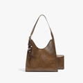 Sac cabas vintage en cuir marron foncé brillant avec breloque à franges et pochette - Avec Pendentif / Marron