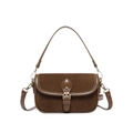 Retro dark brown suede flap shoulder bag with adjustable strap on white background - With Pendant / Brown