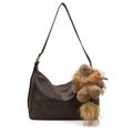 Dark coffee brown oversized shoulder bag in soft leather with a plush animal charm - With Charm / Brown