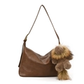 Brown leather hobo shoulder bag with adjustable strap and fluffy fur charm detail - With Charm / Brown