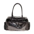 Glossy black tote bag with clear PVC display pocket and side zipper compartments - Black