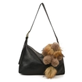Black leather hobo bag with long shoulder strap and brown faux fur pompom charm - With Charm / Black