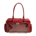 Dark red patent leather tote with clear PVC window and sturdy cylindrical handles - Red