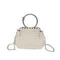 Elegant handmade pearl tote bag with silver circular handle and metallic chain strap - White with Silver