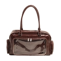 Dark brown patent leather tote bag featuring a clear PVC window and side zipper pockets - Brown