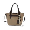 Khaki canvas tote bag with brown leather trim and chocolate pendant charm accessory - Khaki