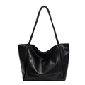 Large black tote bag in oil wax texture leather with long shoulder straps and seams - Black