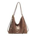 Dark brown retro tote bag in leather texture with gold M letter and wooden bead detail - Brown
