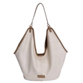 Minimalist off-white large capacity hobo tote bag with brown handles and metal logo - White