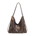 Vintage dark brown faux leather tote bag with gold M logo and wooden bead charm - Brown