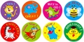 Set of 8 round cartoon animal reward stickers with colorful motivational phrases - Cute Animal Reward (K210)