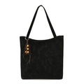 Black suede tote bag with large capacity and decorative ethnic tassel beads detail - With Pendant / Black