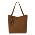 Retro brown suede tote bag with wooden bead tassel charm for large capacity commuting - With Pendant / Brown