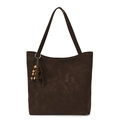 Dark brown large faux suede tote bag with minimalist design and ethnic beaded charm - With Pendant / Brown