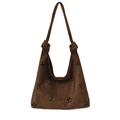 Dark brown hollow out shoulder bag in suede with floral laser cut patterns and knotted strap - Brown