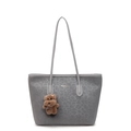 Gray leopard print tote bag for women with dual top handles and cute bear pendant - With Pendant / Silver