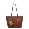 Brown leopard print tote bag with golden logo and plush bear charm for women - With Pendant / Brown