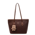 Large dark leopard print tote bag with brown straps and a plush bear keychain - With Pendant / Coffee