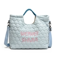 Light blue quilted tote bag with embroidery and adjustable shoulder strap for women - Blue