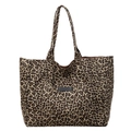 Große Shopper-Tasche mit Leopardenmuster, schwarzem Patch und breiten Riemen - Khaki