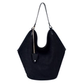 Große schwarze Vintage Wildleder-Eimertasche für Damen mit glatten Lederbesätzen - Schwarz