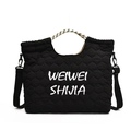 Black quilted tote bag with embroidered letters and braided rope handles in high-quality nylon - Black