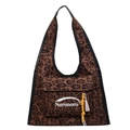 Bolso hobo con estampado de leopardo, bordes de cuero negro y detalle de borla amarilla - Marrón