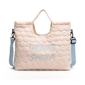 Light pink quilted tote bag with blue crossbody strap and Weiwei Shijia embroidery - Pink