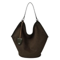 Große dunkelbraune Wildleder Schultertasche in Eimerform mit Lederriemen - Grün