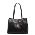 Black leather large tote bag with double handles and elegant golden twist lock detail - With Pendant / Black