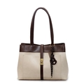 Women's tote bag in brown and beige patchwork with gold lock and braided pendant charm - With Pendant / Off White