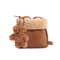 Brown faux suede crossbody bag with beige shearling trim and cute plush bear charm - Khaki (With Pendant)