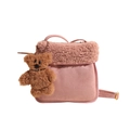 Pink plush lamb wool and faux suede crossbody bucket bag with brown teddy bear charm - Pink (With Pendant)