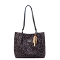 Sac fourre-tout en daim à imprimé léopard rétro avec grande capacité et charme en bois - Avec Pendentif / Noir