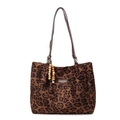 Sac fourre-tout à motif léopard avec lanières en cuir marron et perles en bois déco - Avec Pendentif / Marron