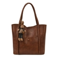 Borsa tote marrone retrò in pelle sintetica con ciondolo a coniglio e tasca frontale - Con Ciondolo / Marrone