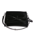 Elegant black patent leather shoulder bag with oversized bow and silver chain strap - Black